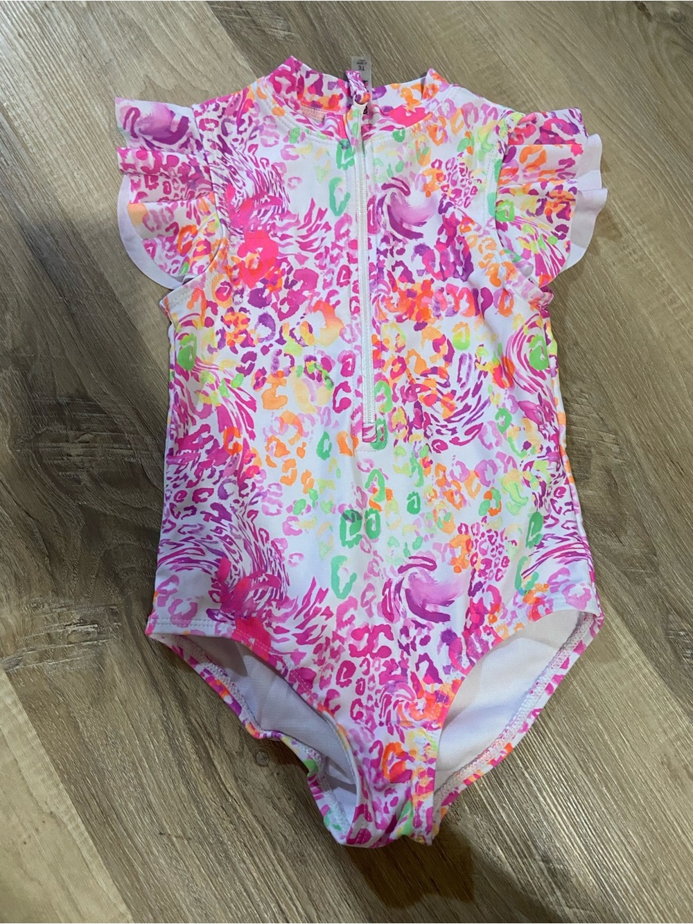 Kensie Girls Pink Floral Leopard One-Piece Swimsuit with Ruffle Sleeves